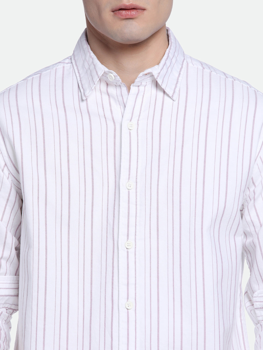 Men's Pink Vertical Stripes Spread Collar Cotton Shirt