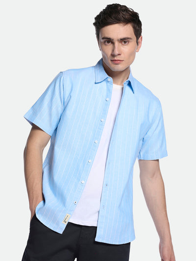 Men's Blue Striped Spread Collar Cotton Shirt