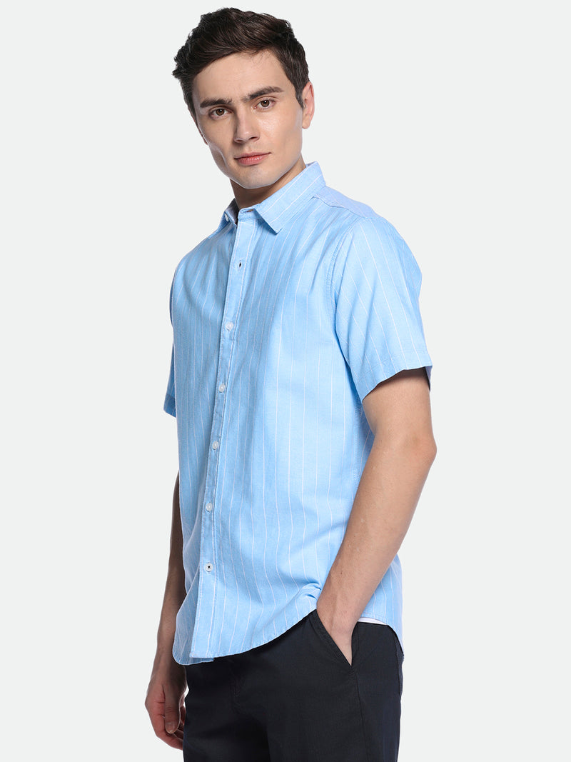 Men's Blue Striped Spread Collar Cotton Shirt