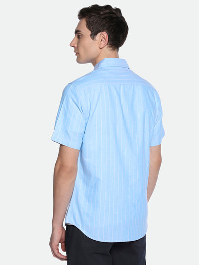 Men's Blue Striped Spread Collar Cotton Shirt