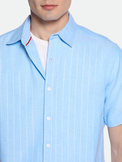 Men's Blue Striped Spread Collar Cotton Shirt