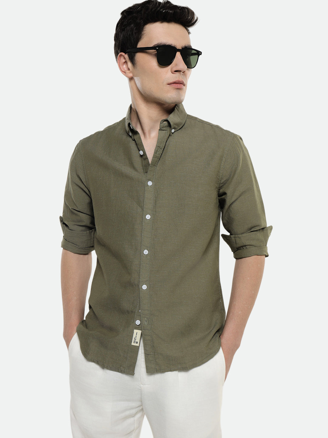 Men's Olive Solid Button down Collar Cotton Casual Shirt