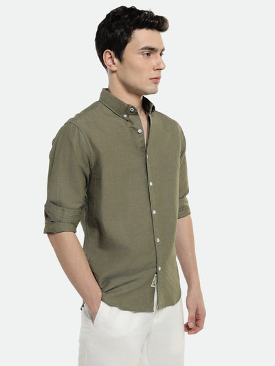 Men's Olive Solid Button down Collar Cotton Casual Shirt