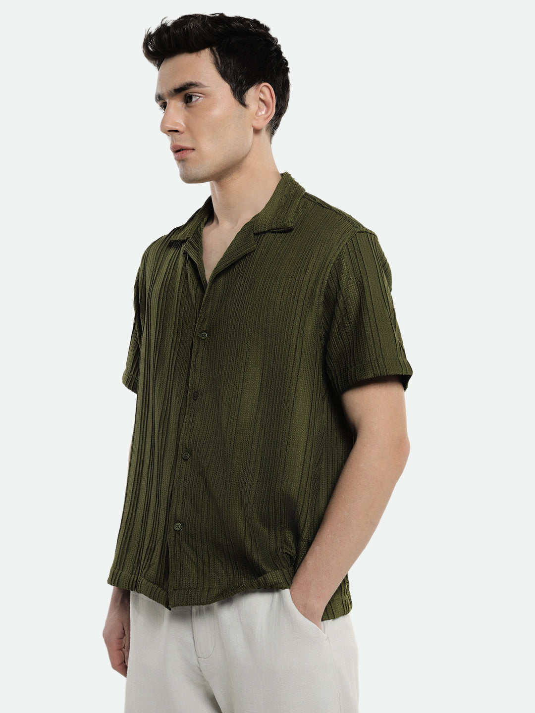 Men's Green Textured Stripes Cuban Collar Half Sleeves Casual Shirt