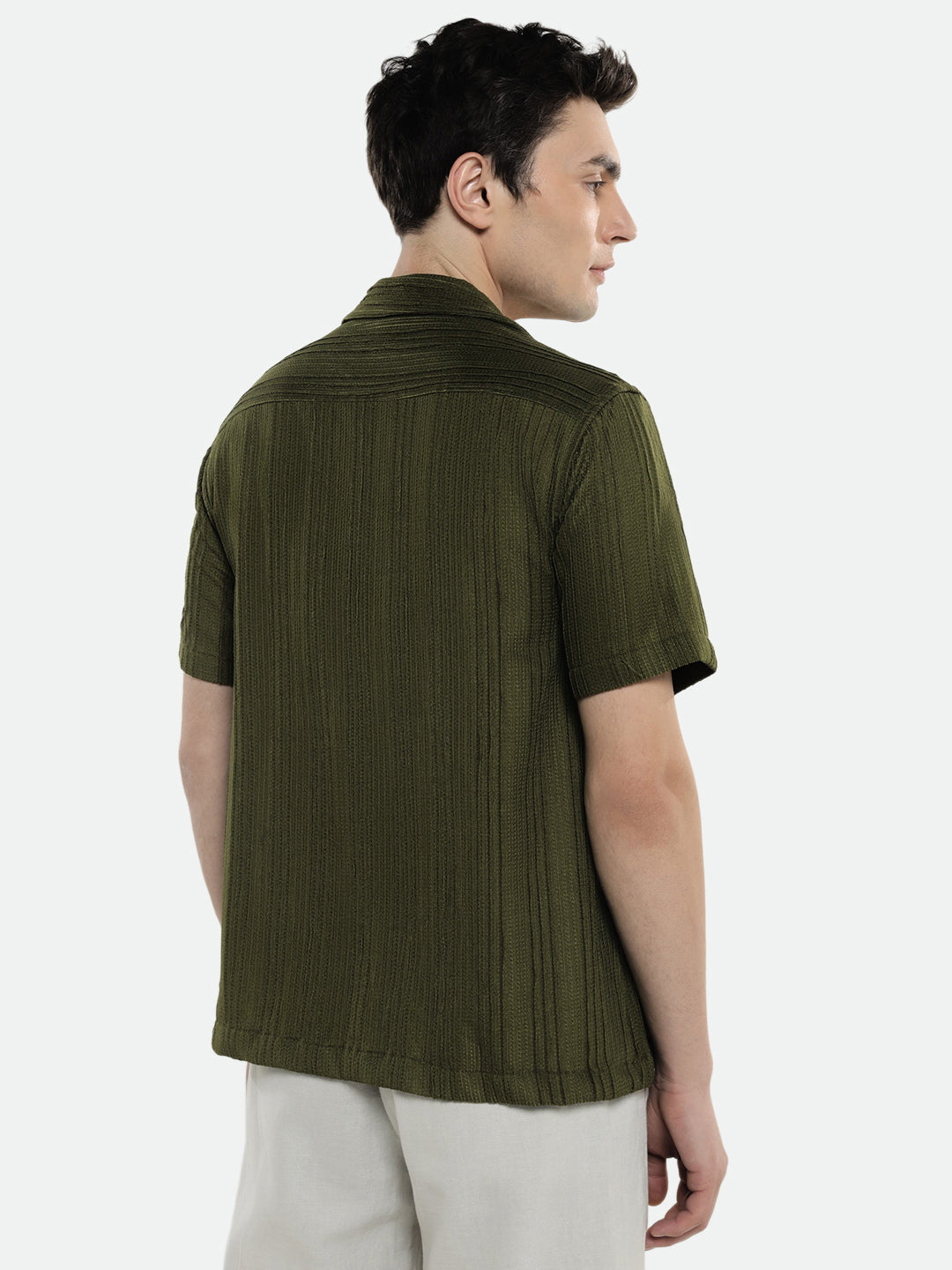 Men's Green Textured Stripes Cuban Collar Half Sleeves Casual Shirt