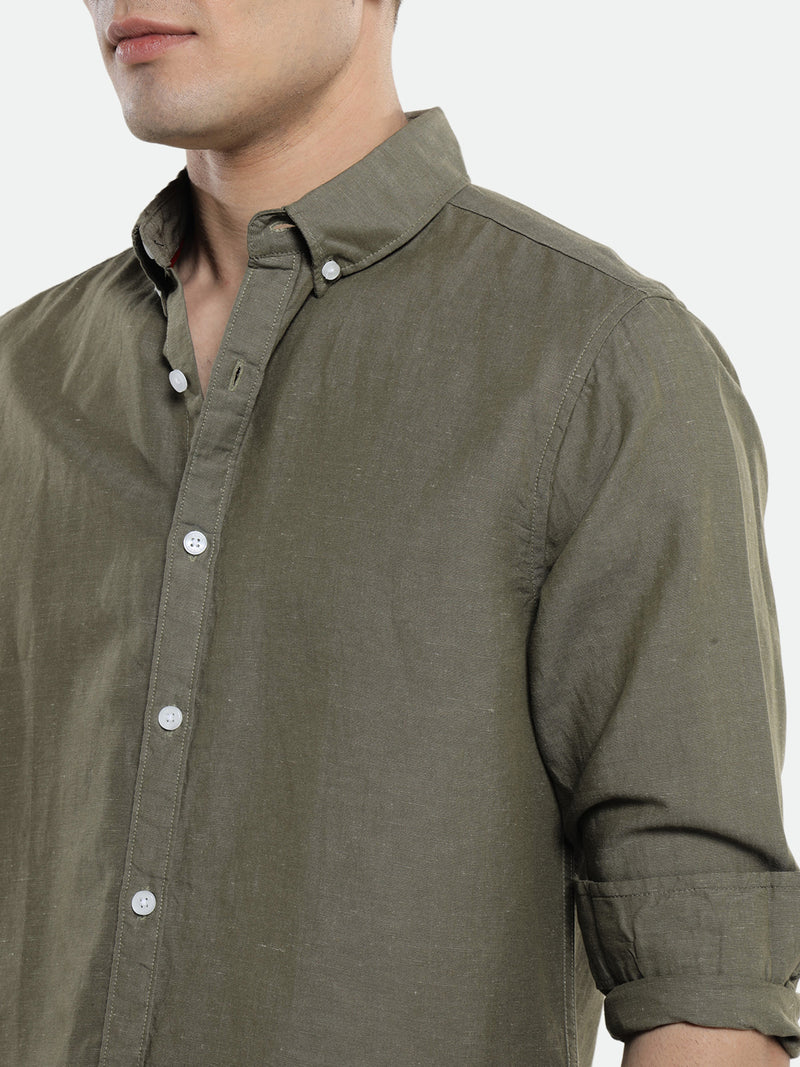 Men's Olive Solid Button down Collar Cotton Casual Shirt