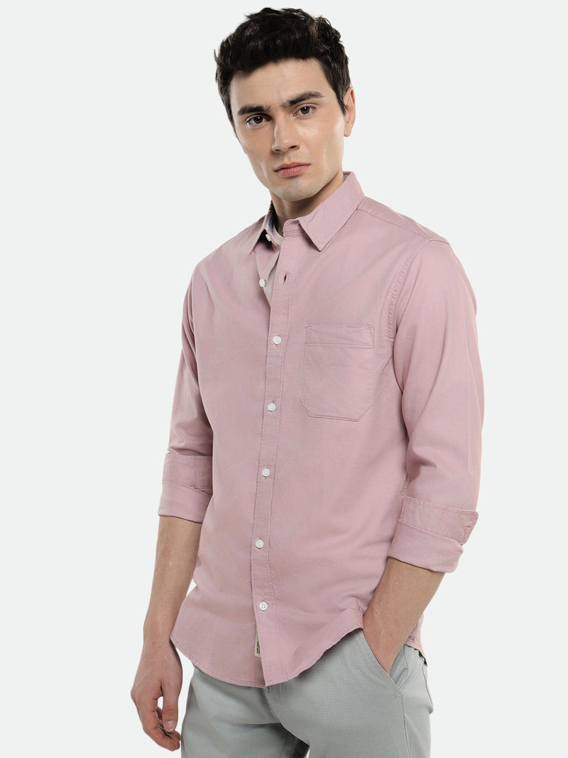 Men's Pink Solid Spread Collar Cotton Casual Shirt