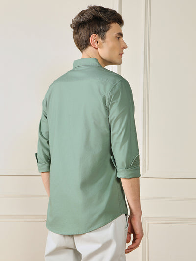 Men's Green Solid Spread Collar Cotton Shirt