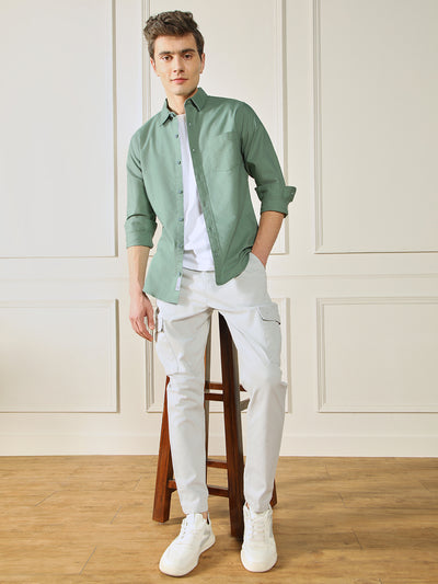 Men's Green Solid Spread Collar Cotton Shirt