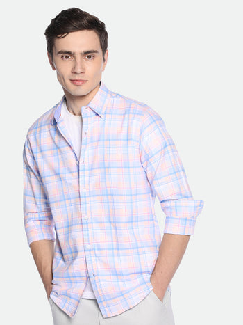 Men's Pink Checks Spread Collar Cotton Shirt