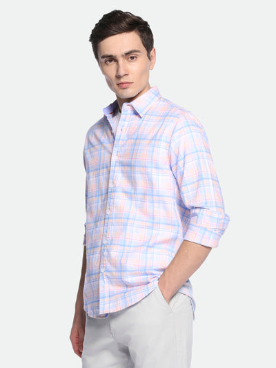 Men's Pink Checks Spread Collar Cotton Shirt