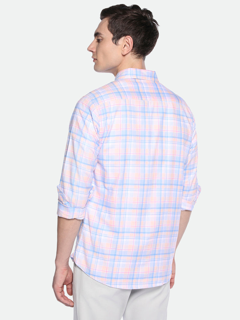 Men's Pink Checks Spread Collar Cotton Shirt