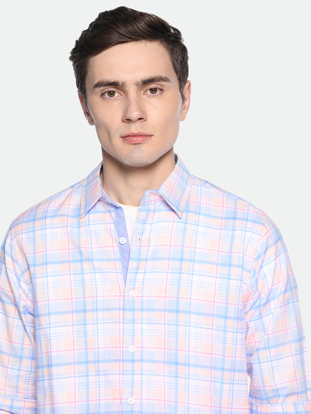 Men's Pink Checks Spread Collar Cotton Shirt