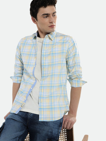 Men's Yellow Checks Spread Collar Cotton Shirt