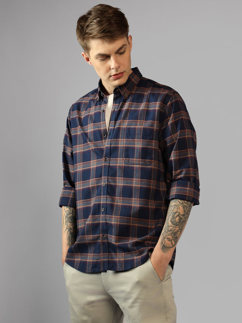 Men's Indigo Checks Spread Collar Full Sleeve Regular Fit Shirt