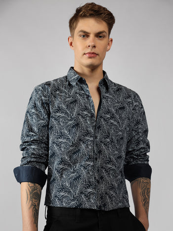 Men's Navy Printed Spread Collar Full Sleeve Regular Fit Shirt