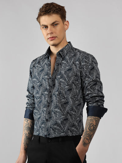 Men's Navy Printed Spread Collar Full Sleeve Regular Fit Shirt