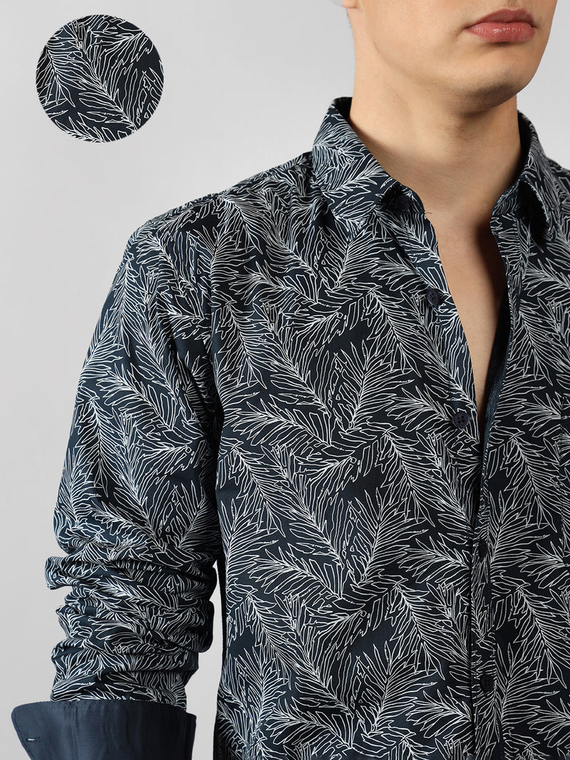 Men's Navy Printed Spread Collar Full Sleeve Regular Fit Shirt