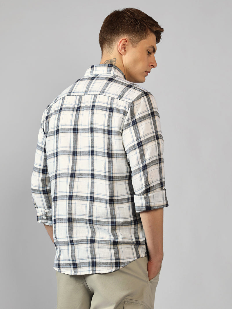 Men's Off-White Checks Spread Collar Full Sleeve Regular Fit Shirt