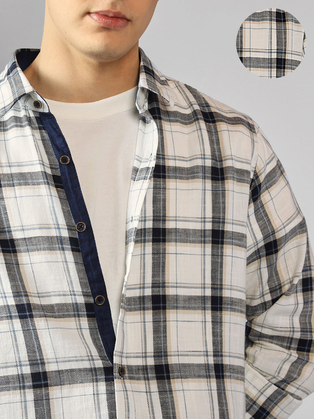 Men's Off-White Checks Spread Collar Full Sleeve Regular Fit Shirt