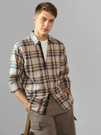 Men's Khaki Checks Spread Collar Full Sleeve Regular Fit Shirt