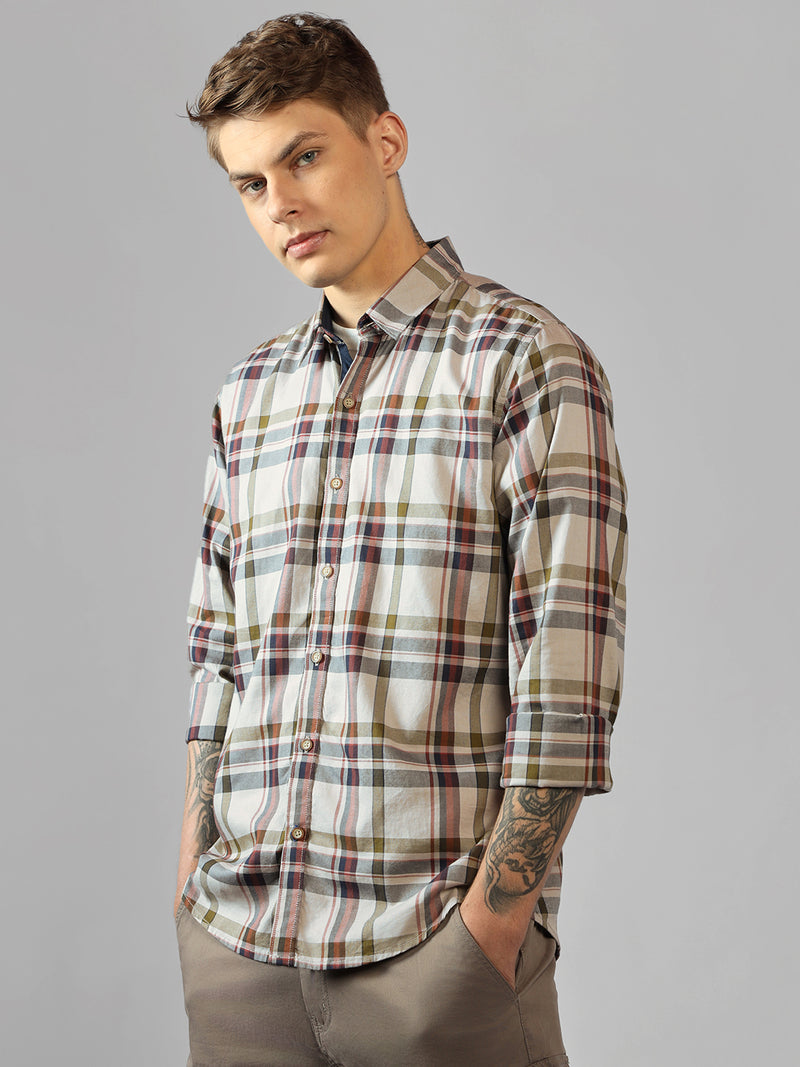 Men's Khaki Checks Spread Collar Full Sleeve Regular Fit Shirt