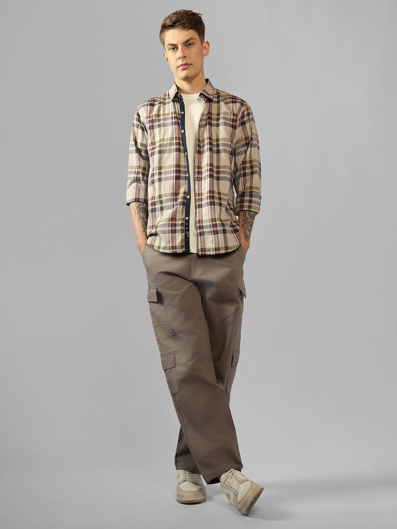 Men's Khaki Checks Spread Collar Full Sleeve Regular Fit Shirt