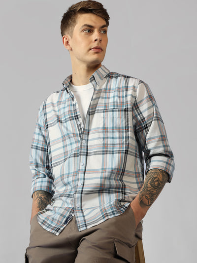 Men's Off-White Checks Button Down Collar Full Sleeve Regular Fit Shirt