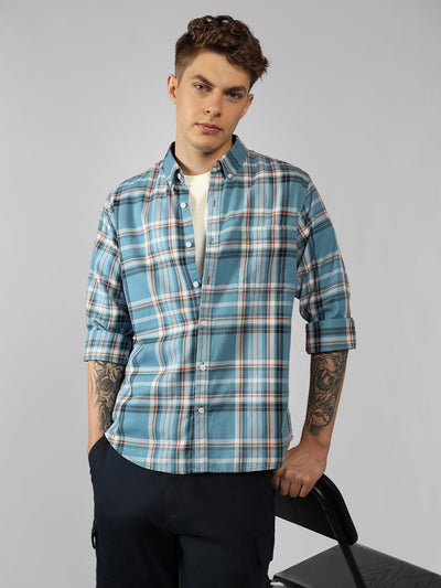 Men's Teal Checks Button Down Collar Full Sleeve Regular Fit Shirt