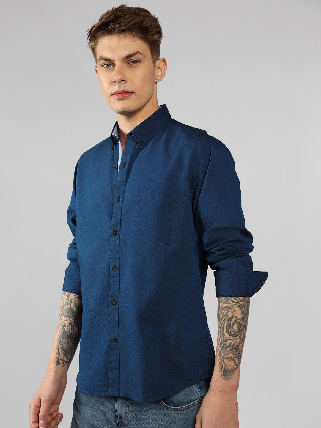 Men's Navy Solid Button Down Collar Full Sleeve Regular Fit Shirt