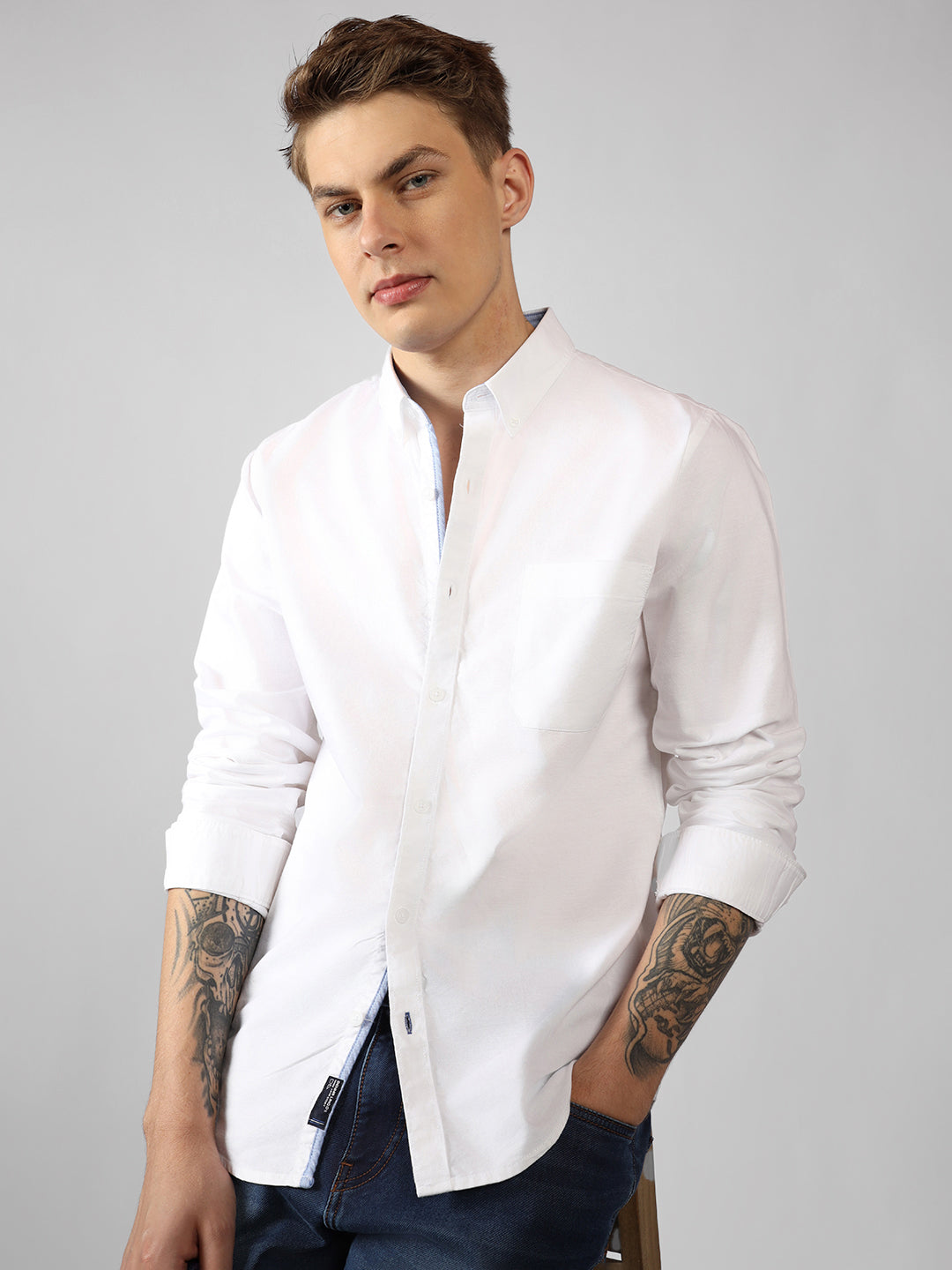 Men's White Solid Button Down Collar Full Sleeve Regular Fit Shirt