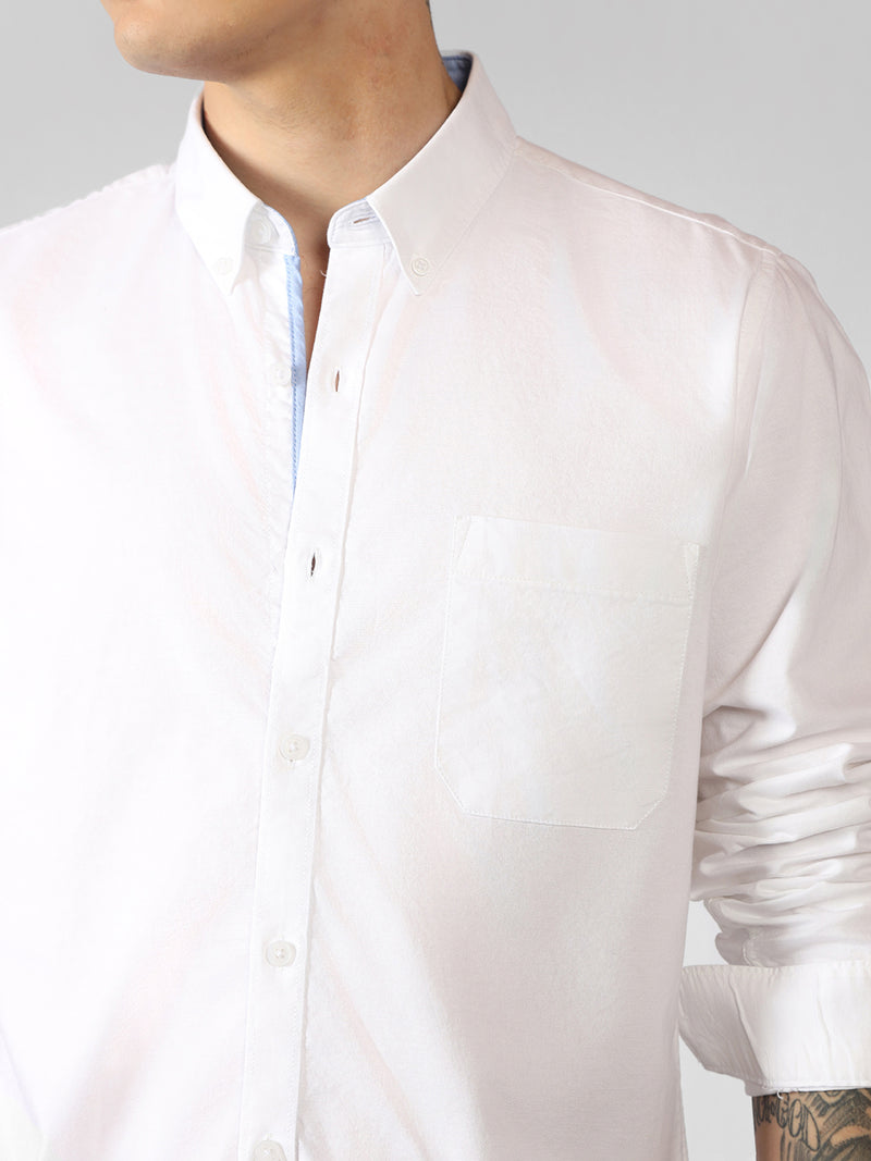 Men's White Solid Button Down Collar Full Sleeve Regular Fit Shirt