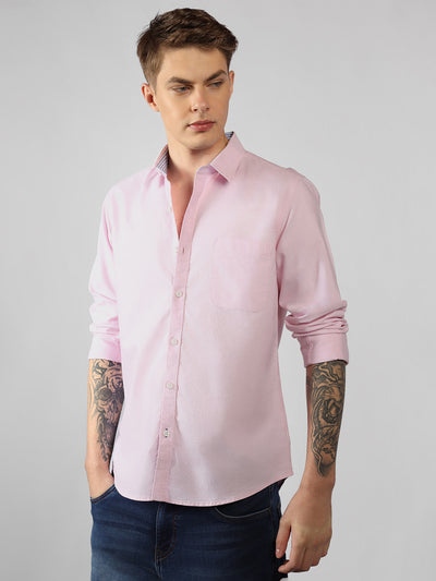 Men's Light Pink Solid Spread Collar Full Sleeve Regular Fit Shirt