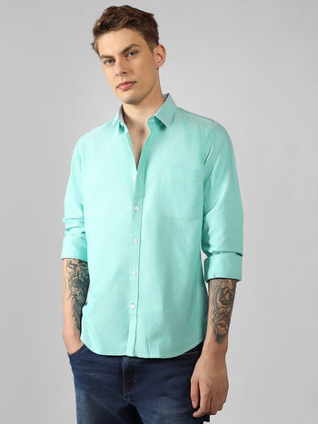 Men's Teal Solid Spread Collar Full Sleeve Regular Fit Shirt