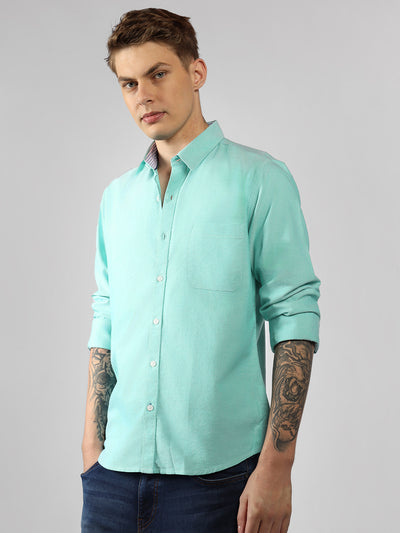 Men's Teal Solid Spread Collar Full Sleeve Regular Fit Shirt