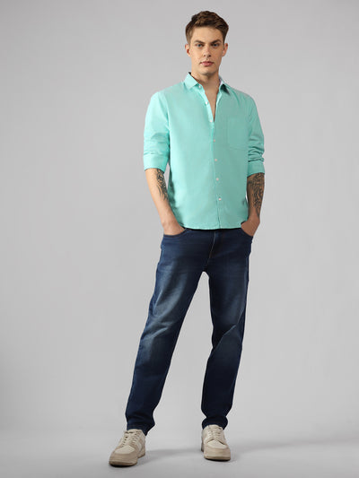 Men's Teal Solid Spread Collar Full Sleeve Regular Fit Shirt