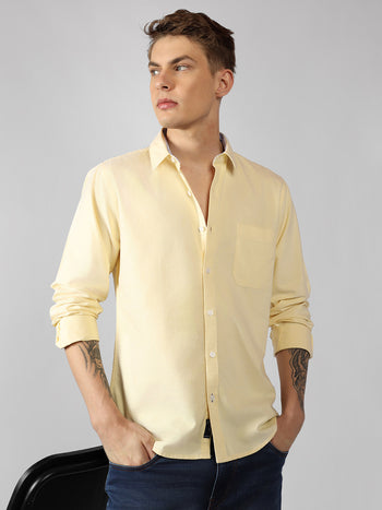 Men's Yellow Solid Spread Collar Full Sleeve Regular Fit Shirt