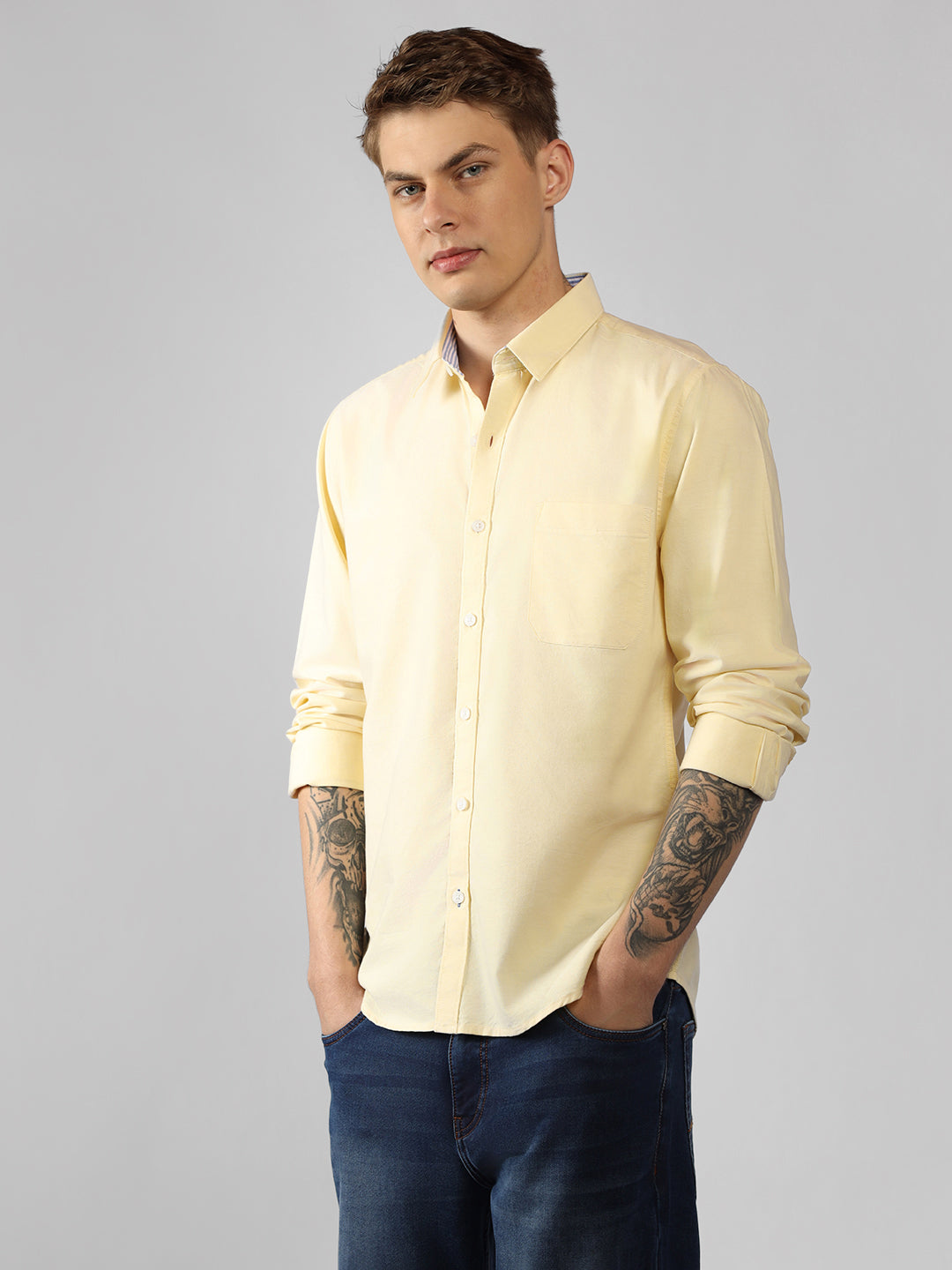 Men's Yellow Solid Spread Collar Full Sleeve Regular Fit Shirt