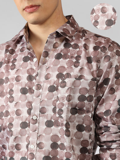 Men's Dark Grey Printed Spread Collar Full Sleeve Regular Fit Shirt