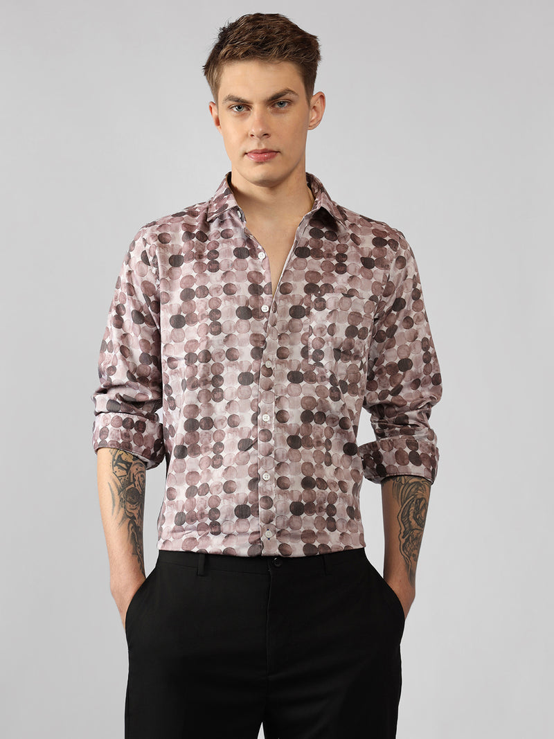 Men's Dark Grey Printed Spread Collar Full Sleeve Regular Fit Shirt