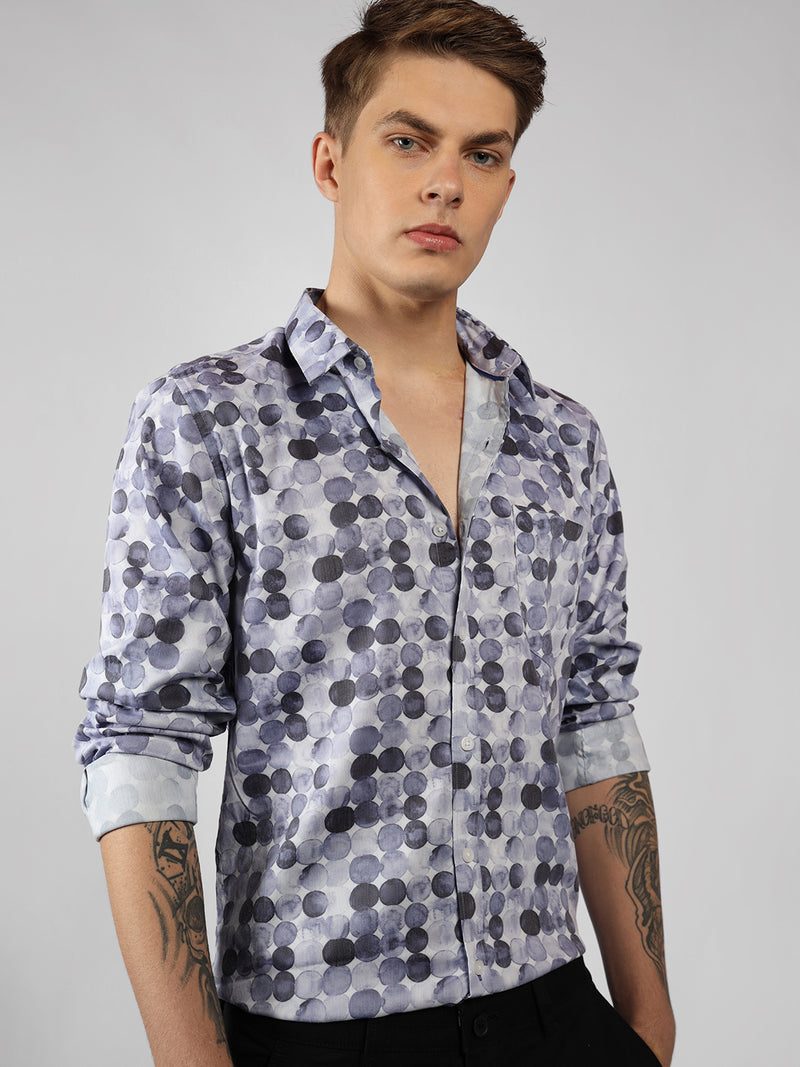 Men's Navy Printed Spread Collar Full Sleeve Regular Fit Shirt