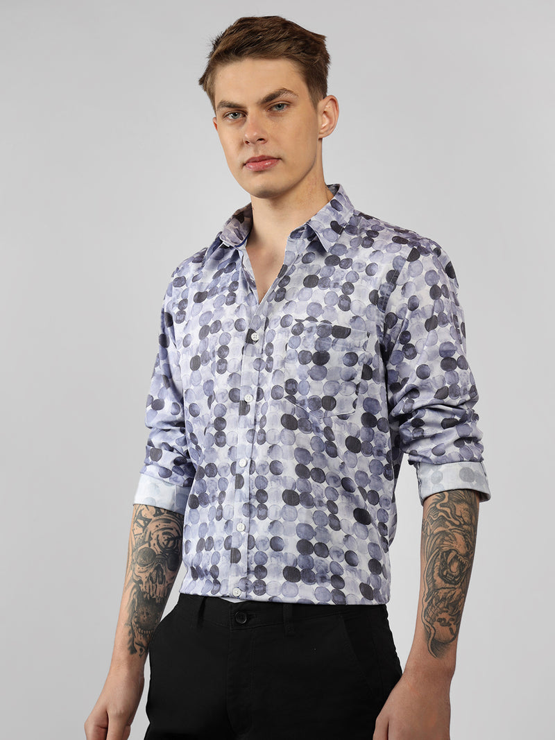 Men's Navy Printed Spread Collar Full Sleeve Regular Fit Shirt