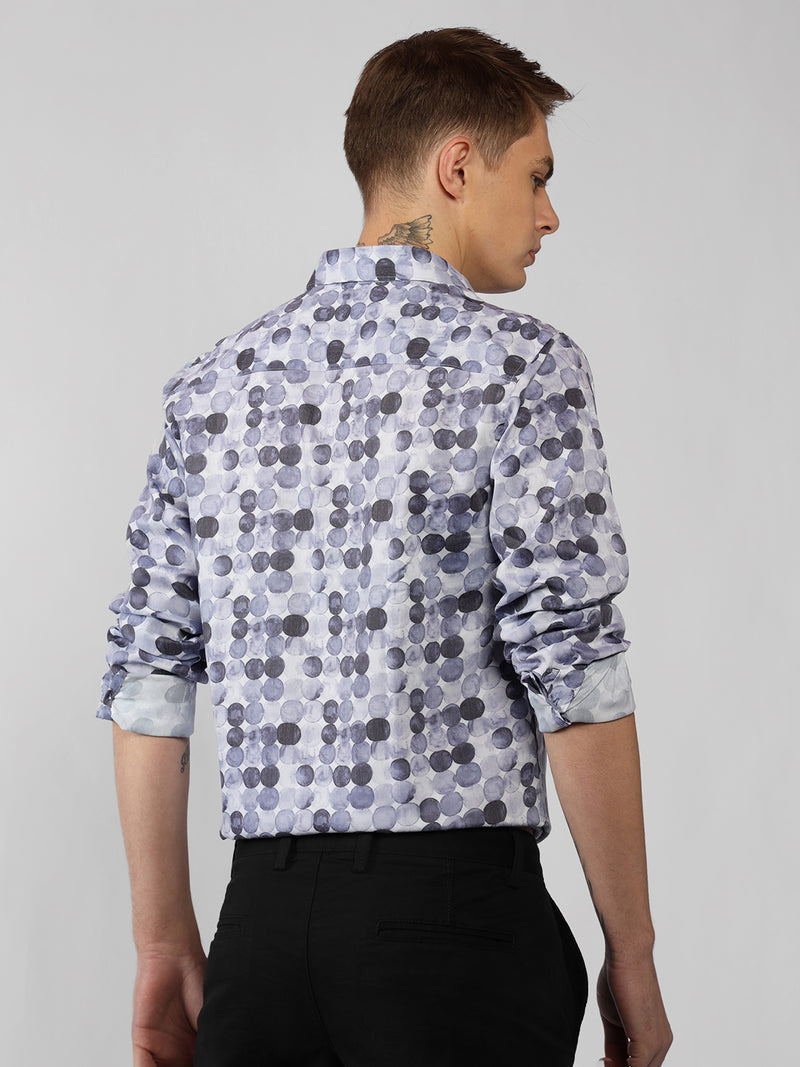 Men's Navy Printed Spread Collar Full Sleeve Regular Fit Shirt