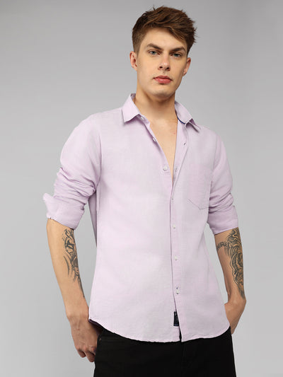 Men's Light Pink Solid Spread Collar Full Sleeve Regular Fit Shirt