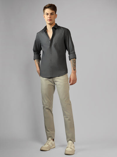 Men's Grey Solid Spread Collar Full Sleeve Regular Fit Shirt