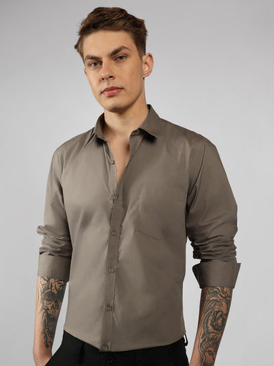 Men's Taupe Solid Spread Collar Full Sleeve Regular Fit Shirt