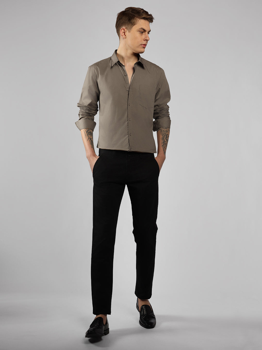 Men's Taupe Solid Spread Collar Full Sleeve Regular Fit Shirt