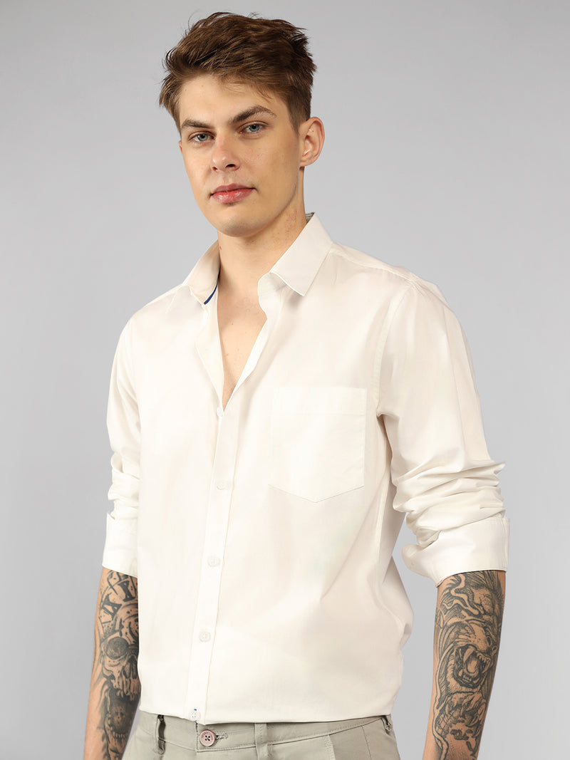 Men's White Solid Spread Collar Full Sleeve Regular Fit Shirt