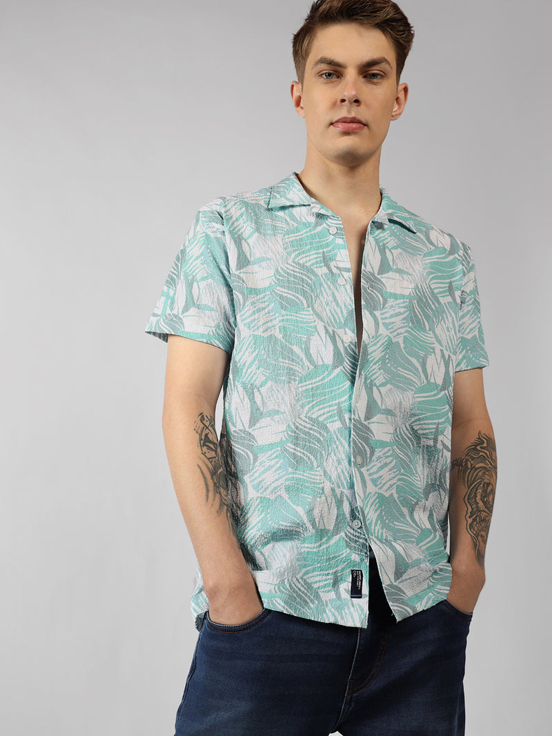 Men's Blue Printed Cuban Collar Half Sleeve Relaxed Fit Shirt