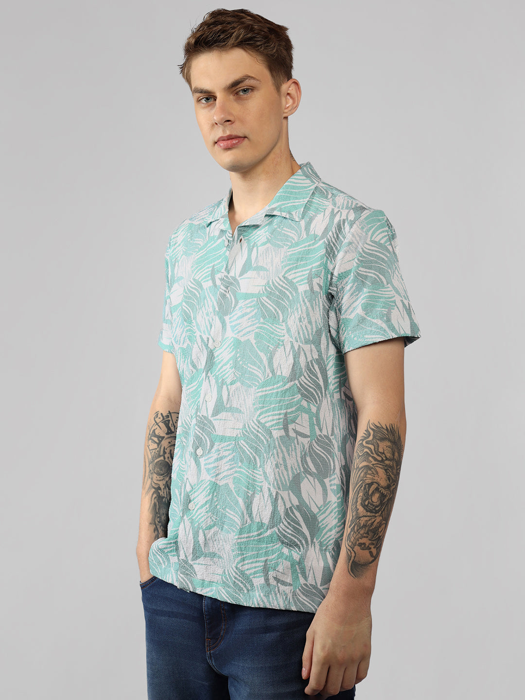 Men's Blue Printed Cuban Collar Half Sleeve Relaxed Fit Shirt